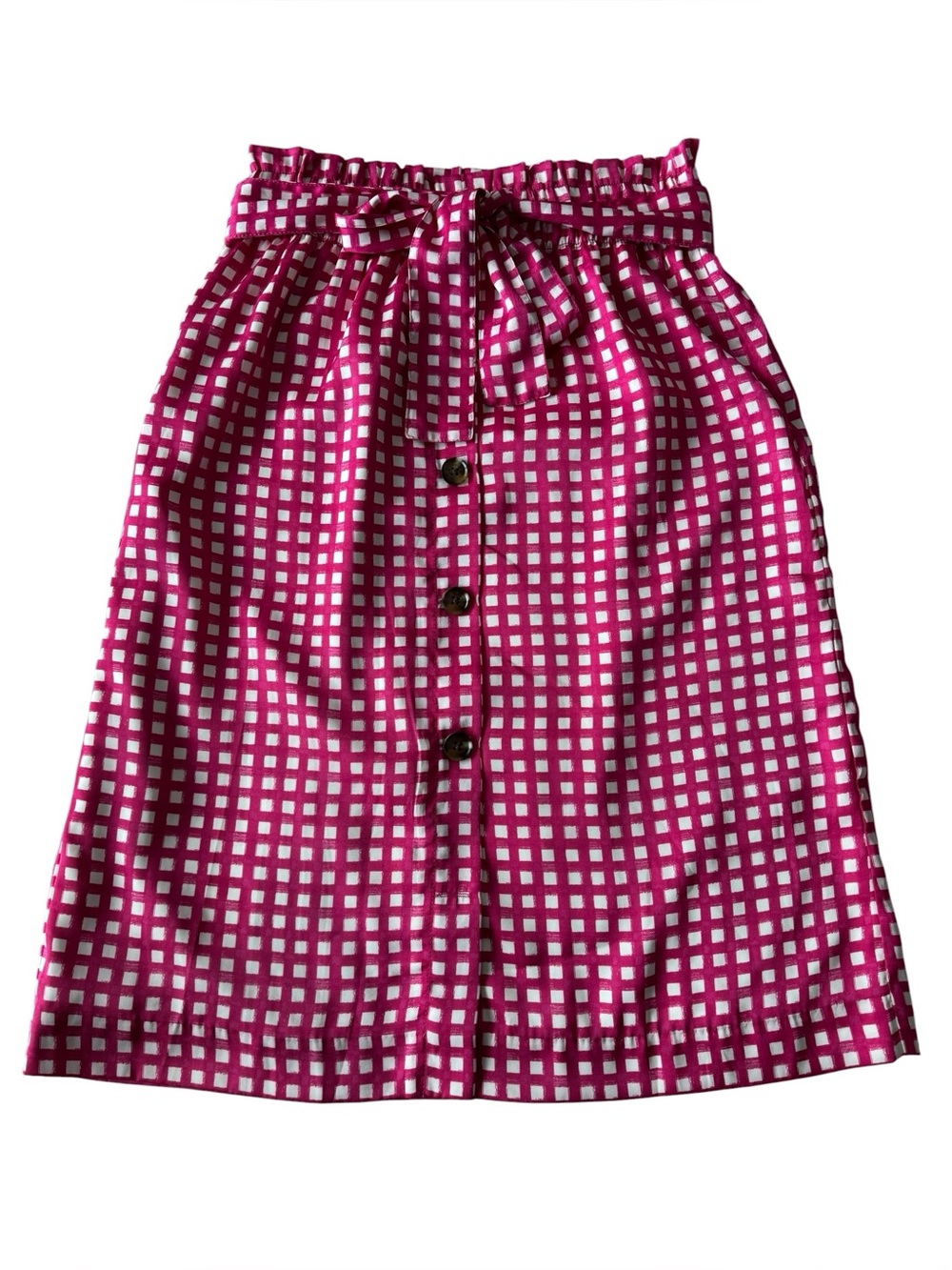Ann Taylor Tie Waist Button Front Gingham Midi Skirt Pink/White Size S